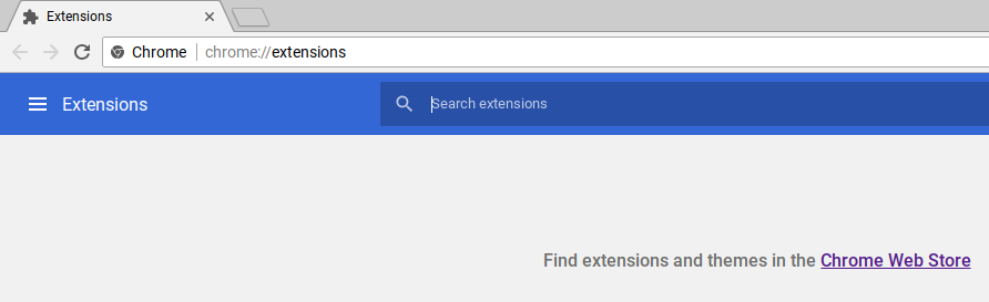 Chrome Extensions window showing no installed Extensions